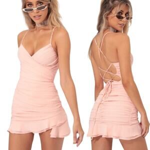 Lucy in the Sky Avianna Mini Dress Lace Up Back Ruffled Light Blush Pink Small